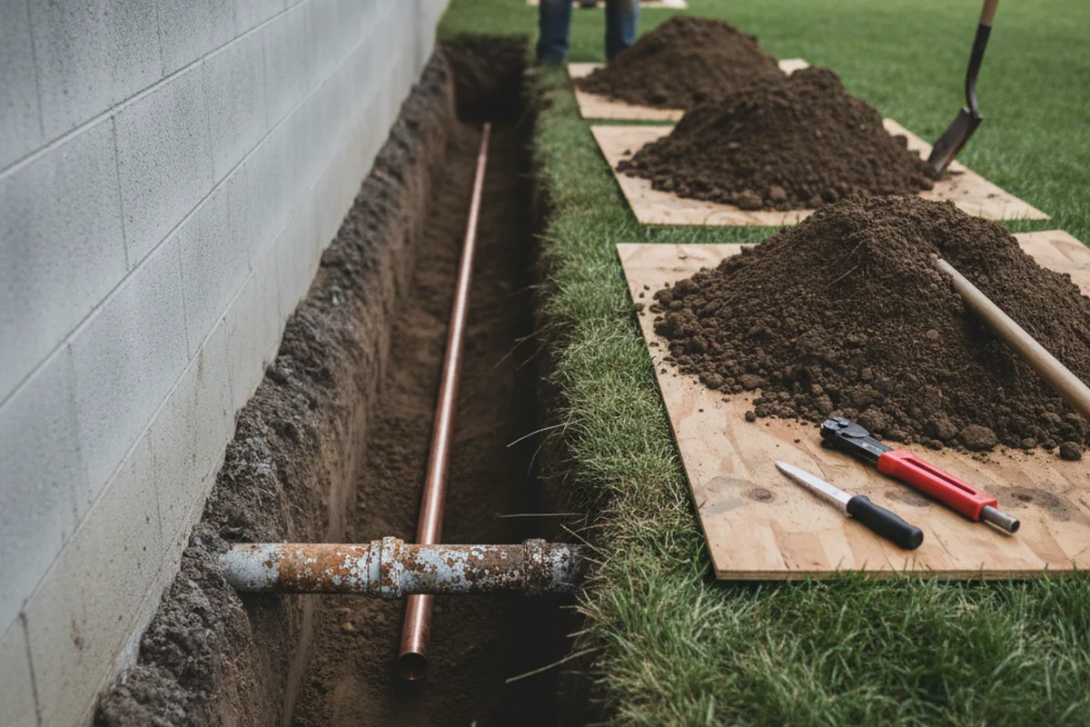 Excavated water line trench during Sewer Line Repair in Ola